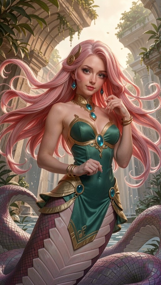 A digital illustration of a pink-haired lamia with long flowing hair and a purple scaled snake tail. She wears an emerald green dress with gold accents and blue gemstones, standing in front of stone arches.