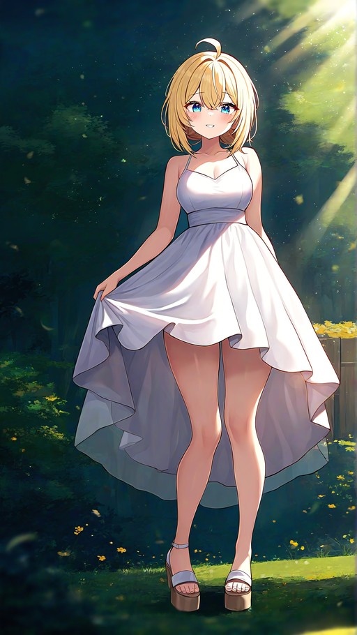 A full-body illustration of a blonde anime girl with blue eyes and an ahoge, wearing a white sundress and standing in a sunlit garden while holding her dress hem.