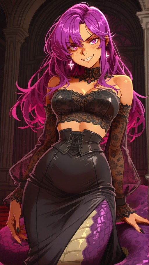 A digital illustration of a dark-skinned lamita with long purple hair and pink eyes, wearing a black lace outfit that reveals her coiled purple snake tail as she smiles at the viewer.