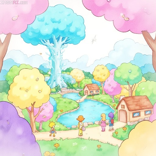 A pastel watercolor illustration of a fantasy village with four children walking on a path near a large blue tree.