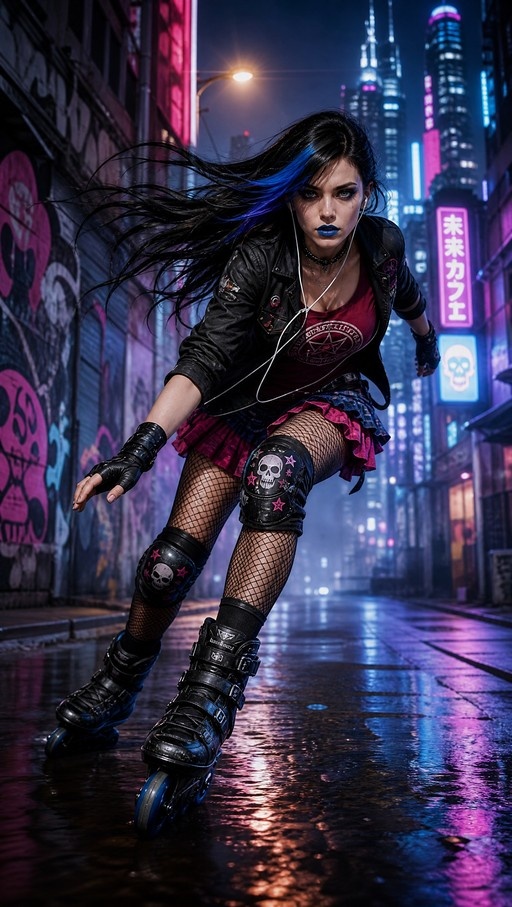 A young woman with black and blue hair inline skating in a cyberpunk city at night, wearing a leather jacket and skull knee pads.