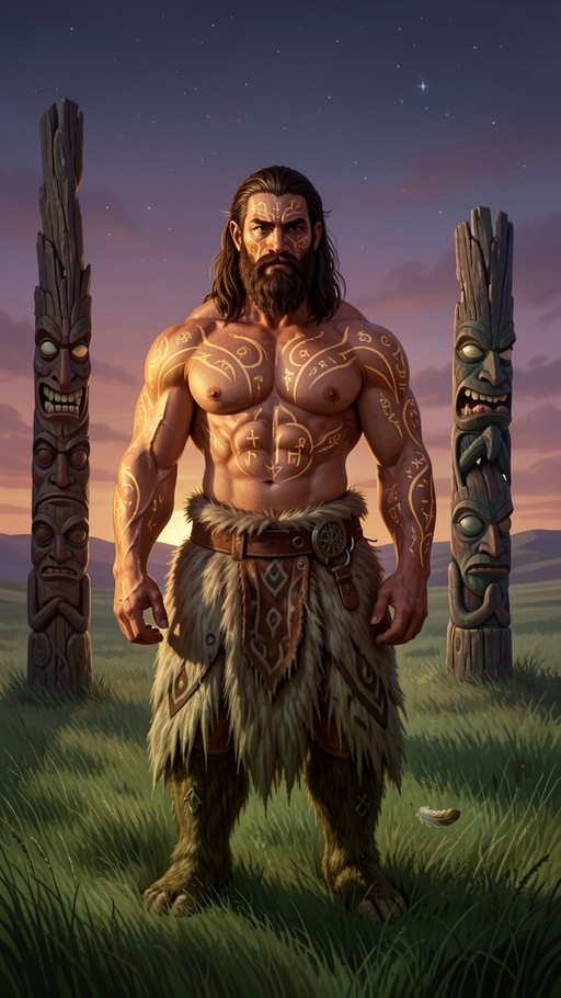 A full-body illustration of a muscular bearded fantasy warrior with golden tribal markings on his skin standing in tall grass between two carved wooden totem poles under a starry twilight sky.