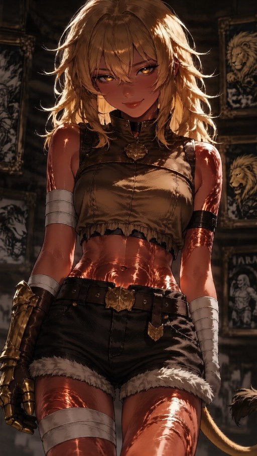 A digital illustration of a blonde lion girl character resembling Shishiro Botan with golden eyes, lion ears, and a tail, wearing a brown crop top and black shorts with fur trim against a background of lion portraits.