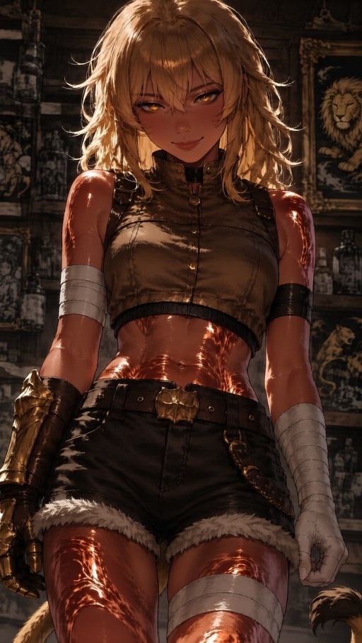 Lioness from Final Fantasy XIV with blonde hair and lion ears wearing a brown vest and shorts