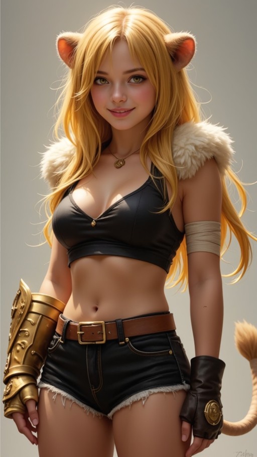 A realistic digital portrait of a blonde woman with lion ears and tail, wearing a black crop top and shorts with a gold gauntlet.