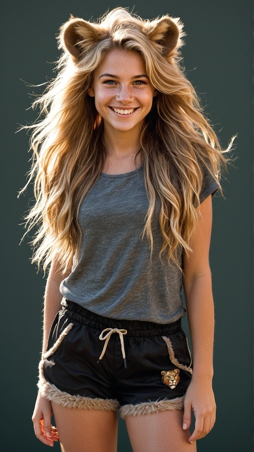 A smiling young woman with long blonde hair and freckles wearing large lion ears on her head, a grey t-shirt, and black shorts with fur trim and a lion face patch.
