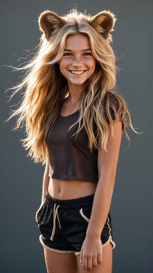 A smiling young woman with long blonde hair and freckles wearing large lion ears, a dark crop top, and black shorts with fur trim against a grey background.