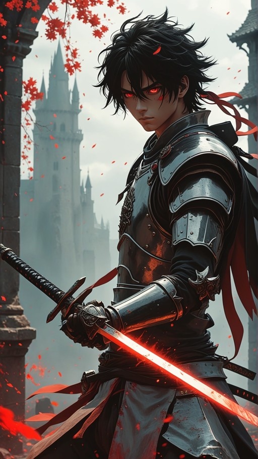 Anime-style warrior with black hair and glowing red eyes wearing dark armor and holding a glowing katana amidst falling leaves.