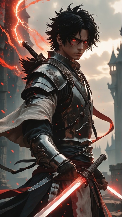 A young man with messy black hair and glowing red eyes stands in dark armor holding two swords, one of which is glowing red, against a backdrop of a cloudy sky and castle towers.