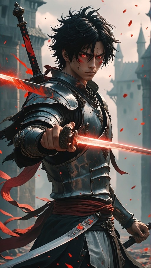 Anime warrior with black hair and glowing red eyes holding a glowing red sword in front of a castle