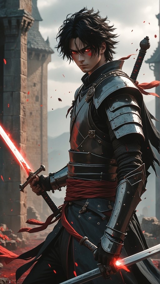 Young man with black hair and glowing red eyes in dark armor dual-wielding a glowing sword amidst ruins.