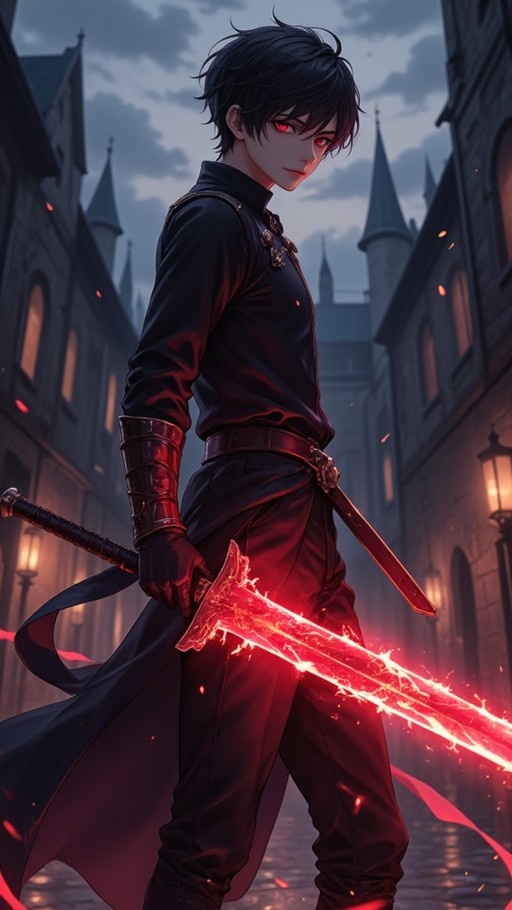 A young anime man with black hair and glowing red eyes holding a large flaming sword in a gothic city street.