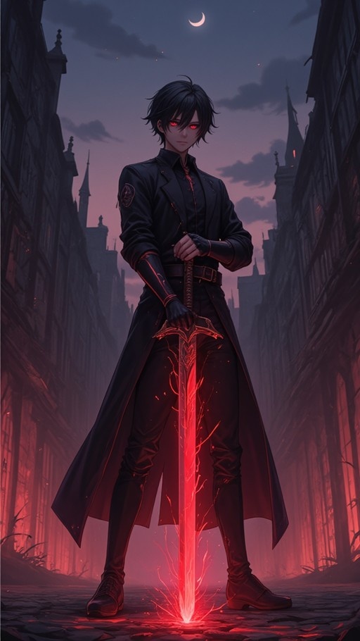 A young man with glowing red eyes and black hair stands in a gothic city street at night, holding a large sword that glows bright red as it touches the cobblestone ground beneath him.