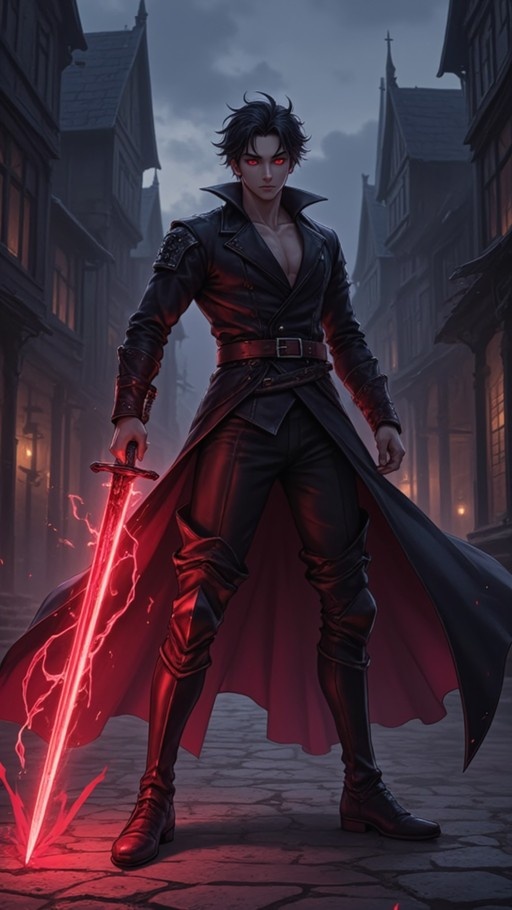 A male fantasy warrior with glowing red eyes and black hair stands on a cobblestone street holding a sword that glows with red energy, wearing a long black coat against a backdrop of gothic buildings at night.