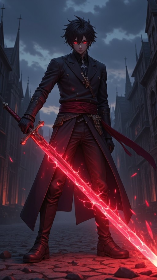 A young man with black hair and glowing red eyes stands on a cobblestone street holding a large sword that glows with red light. He wears a long black coat and a red sash, with gothic buildings in the background.