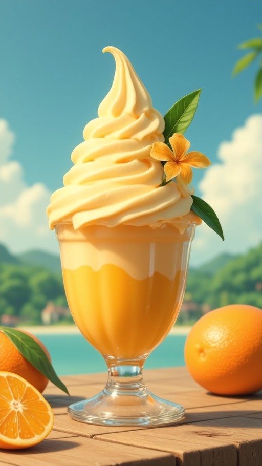 A tall glass of orange juice topped with soft-serve ice cream and a yellow flower, placed on a wooden table next to fresh oranges.