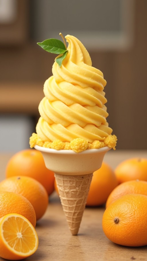 A tall swirl of orange soft-serve ice cream in a waffle cone, garnished with leaves and surrounded by fresh oranges.