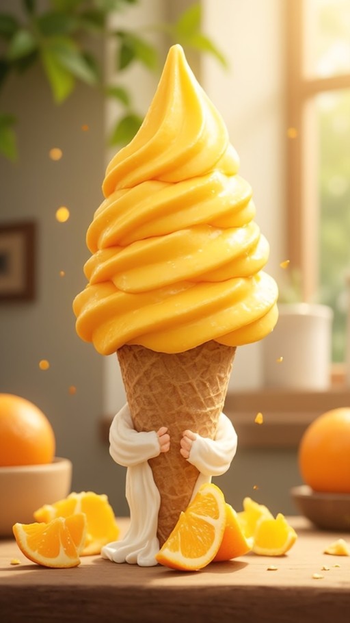 A small white figure hugging a large waffle cone topped with a swirl of bright yellow orange soft-serve ice cream, surrounded by fresh orange slices on a wooden table.