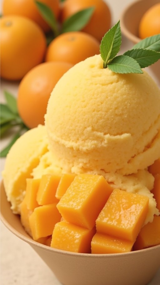A bowl of creamy yellow mango sorbet topped with diced fruit cubes and green leaves, set against a blurred background of whole oranges.