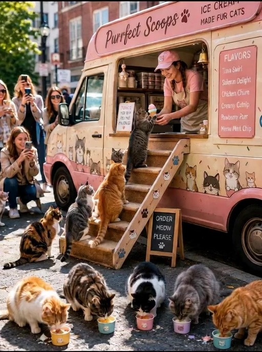A realistic video of cats outdoors on a sunny day, holding ice cream cones and taking pictures with phones near parked trucks while wearing accessories like pink shirts and baseball caps.