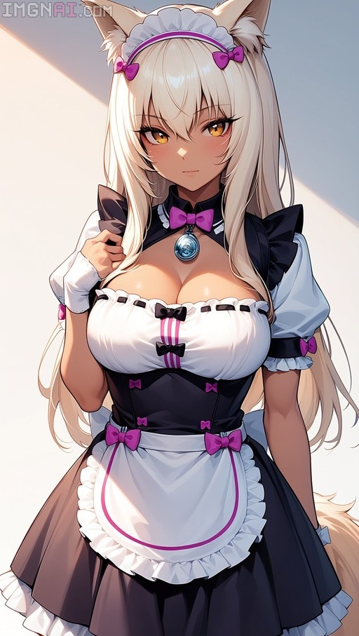 An anime-style illustration of a blonde fox-eared woman in a black and white maid outfit with pink bows and a blue pendant.
