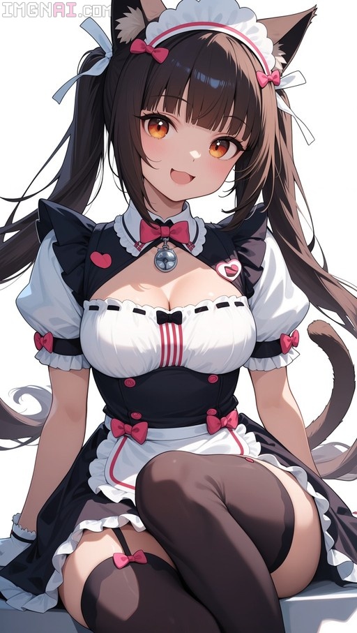 A smiling anime girl with brown twintails and cat ears wearing a frilly black and white maid outfit with pink bows and a bell collar.