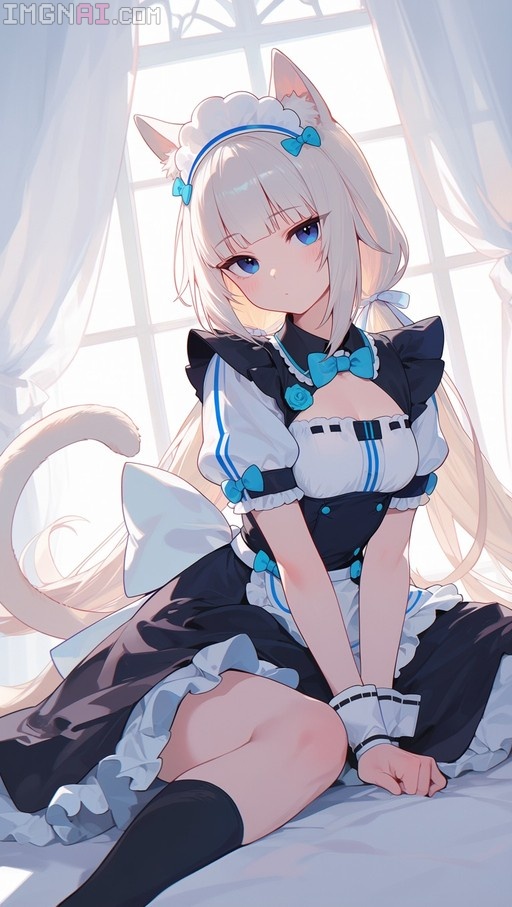 Anime-style illustration of a white-haired catgirl maid with blue eyes and a tail, wearing a black and white uniform with blue accents, sitting on a bed in front of a sunlit window.