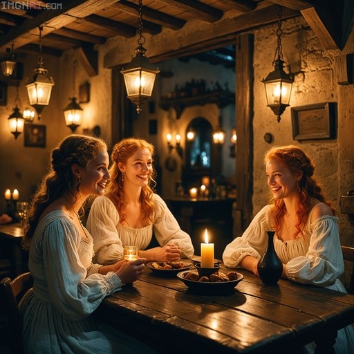 Three smiling women in white period dresses sitting at a wooden table with candles and food in a rustic tavern.