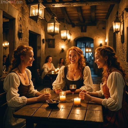 Three smiling women in 17th-century dresses sitting at a wooden table with wine and candles in a dimly lit tavern.