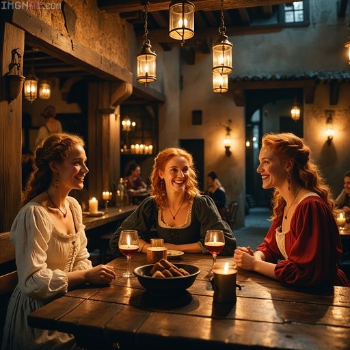 Three smiling women in historical dresses share wine and conversation at a candlelit table in a tavern.