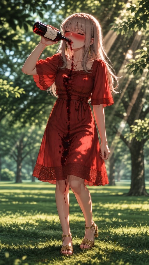 Anime-style illustration of a blushing girl in a red dress drinking red wine from a bottle while standing in a sunny park.