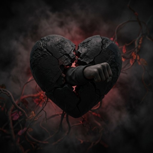A dark stone heart being punched through by a fist against a smoky background with red vines.