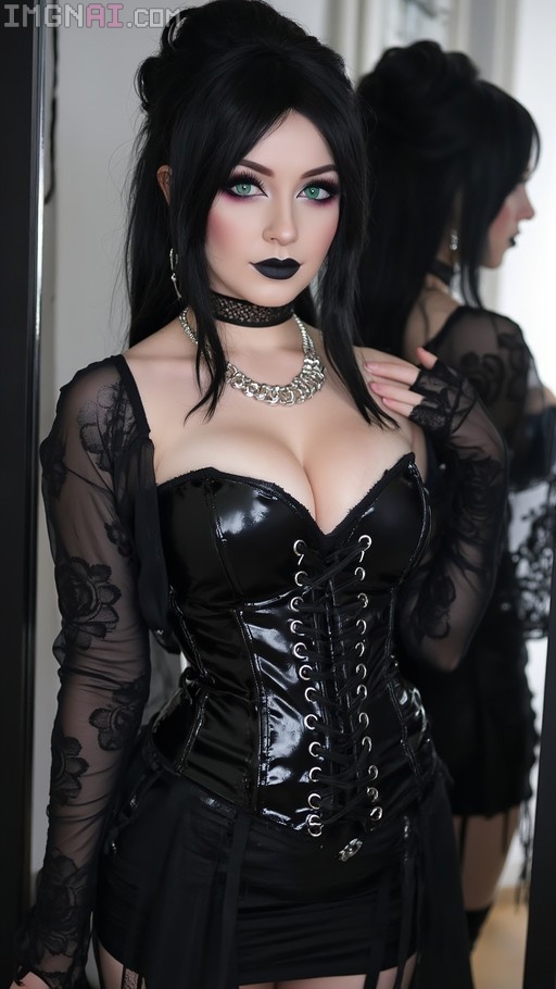 A woman with long black hair and green eyes wearing a shiny black corset, silver necklace, and sheer lace sleeves stands in front of a mirror.