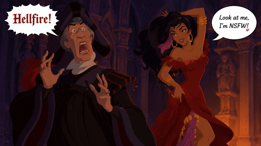 An illustration of Judge Frollo shouting "Hellfire!" next to Esmeralda in a red dress who says "Look at me, I'm not safe for work!".