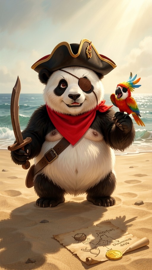 A cute anthropomorphic panda dressed as a pirate stands on a sandy beach holding a cutlass, with a colorful parrot perched on its arm near a treasure map.