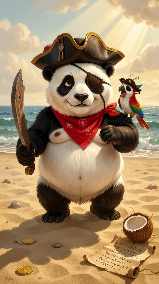 A fluffy panda dressed as a pirate captain stands on a sandy beach holding a wooden sword, with a colorful parrot perched on its shoulder.
