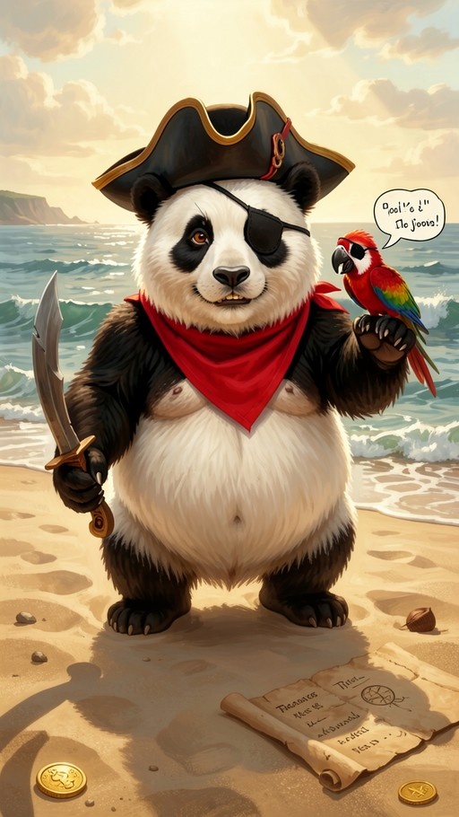 An anthropomorphic panda wearing a pirate hat and eyepatch stands on a beach holding a sword with a colorful parrot perched on its arm.