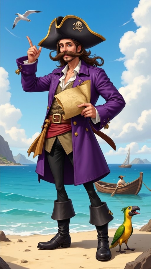 A full-body illustration of a pirate captain in a purple coat and tricorn hat standing on a sandy beach, holding a rolled map and pointing upward with a parrot at his feet.