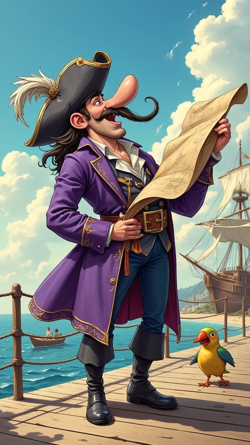 A full-body shot of a smiling pirate with a large nose and mustache holding a map on a wooden pier next to a colorful parrot.