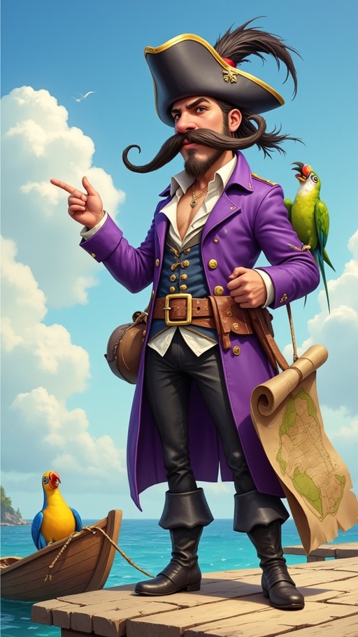 A pirate captain in a purple coat stands on a wooden dock holding a map with a green parrot on his shoulder and another parrot in a boat nearby.