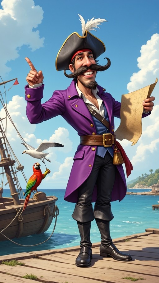 A cheerful pirate captain with a large mustache stands on a wooden dock holding a treasure map and pointing upward, with a colorful parrot perched on his ship's railing nearby.