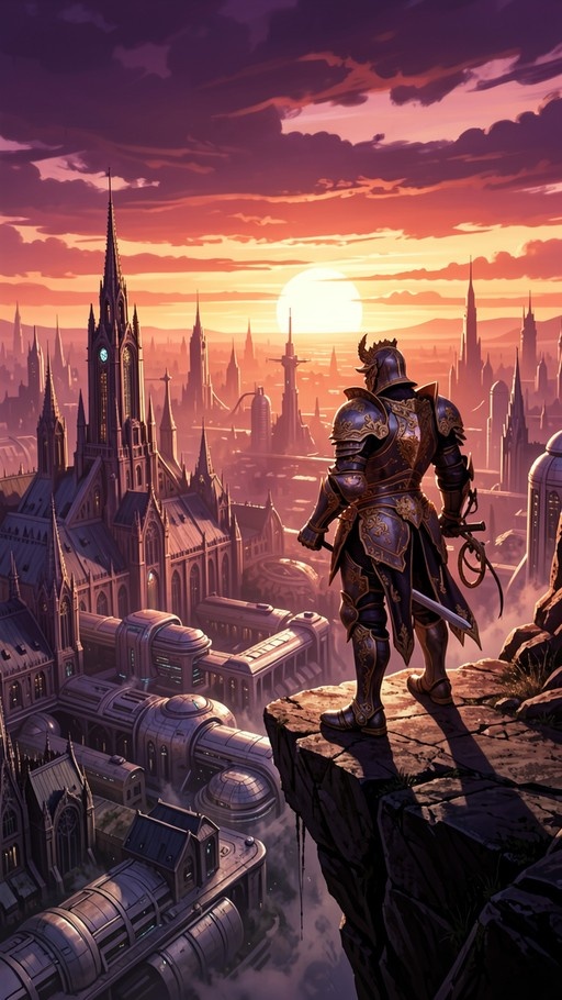 A knight in blue and gold armor stands on a cliff edge looking at a futuristic city with spires during a vibrant sunset.