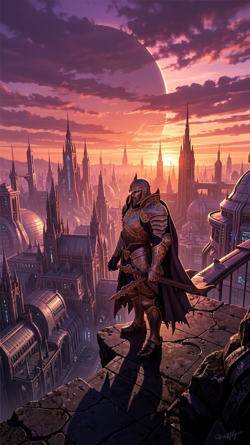 A knight in ornate golden armor holding a sword stands on a stone ledge overlooking a futuristic cityscape under a massive planet and colorful sunset sky.