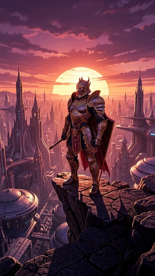 A knight in detailed purple and gold armor with a red cape stands on a rocky outcrop overlooking a futuristic city skyline during a colorful sunset.
