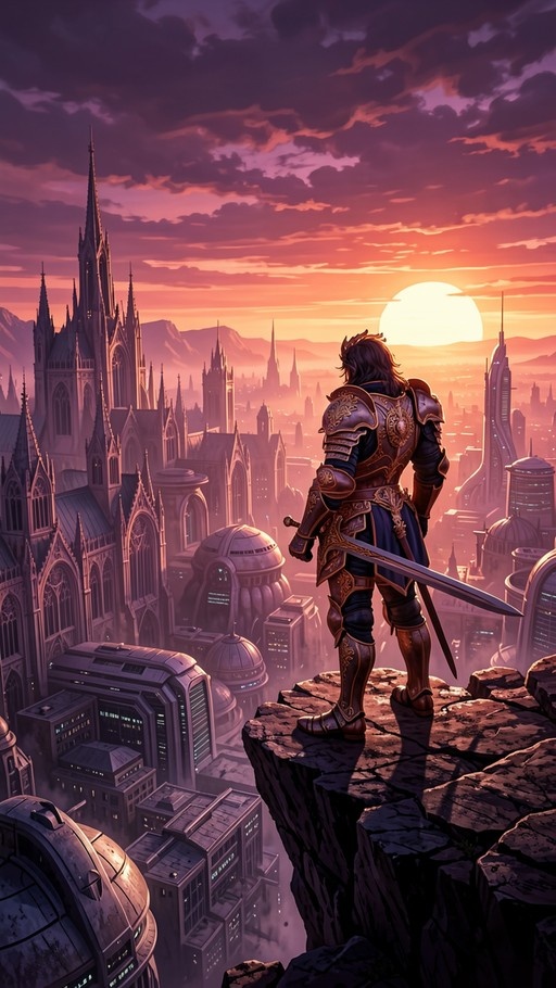 A man in ornate armor stands on a cliff holding a sword, looking at a city with spires and domes during a colorful sunset.