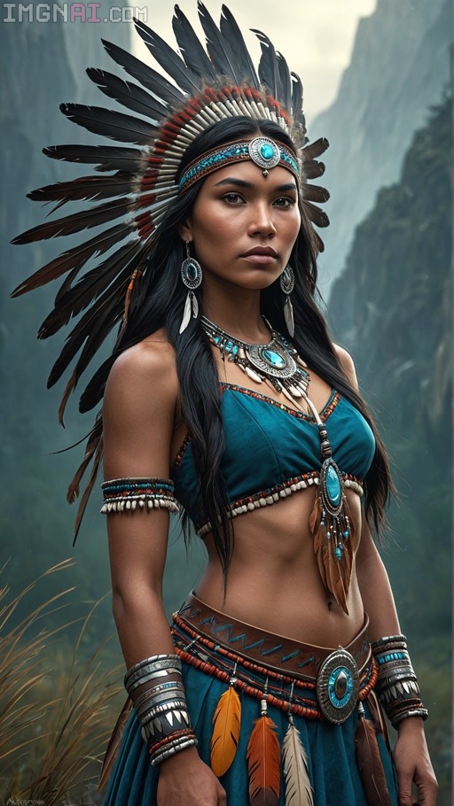 A young Native American woman with long black hair wears a large feather headdress and turquoise jewelry in a misty mountain setting.