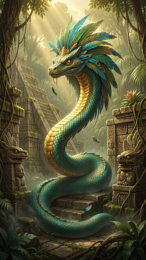 A digital illustration of a teal and gold feathered serpent dragon standing among mossy stone ruins in a jungle.