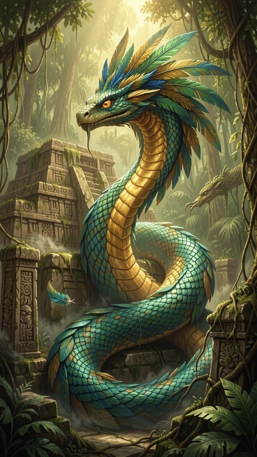 A large feathered serpent dragon with teal scales and colorful feathers stands amidst ancient stone ruins in a dense jungle.