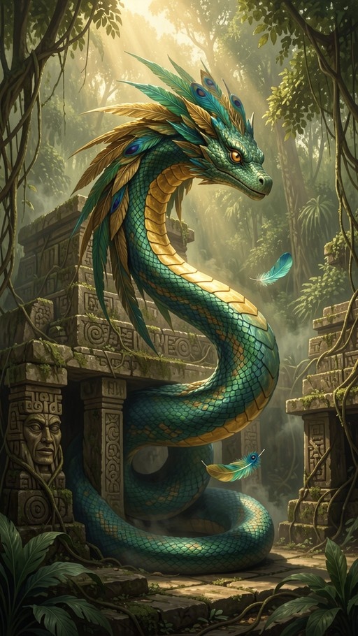 A large green and gold dragon with peacock feathers on its head coils around ancient mossy stone ruins in a sunlit jungle.