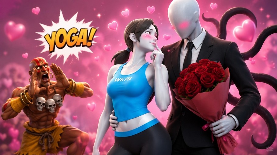 A blushing Wii Fit Trainer stands beside a faceless Slender Man holding red roses while Kratos shouts 'YOGA!' in the background against a pink heart-filled backdrop.